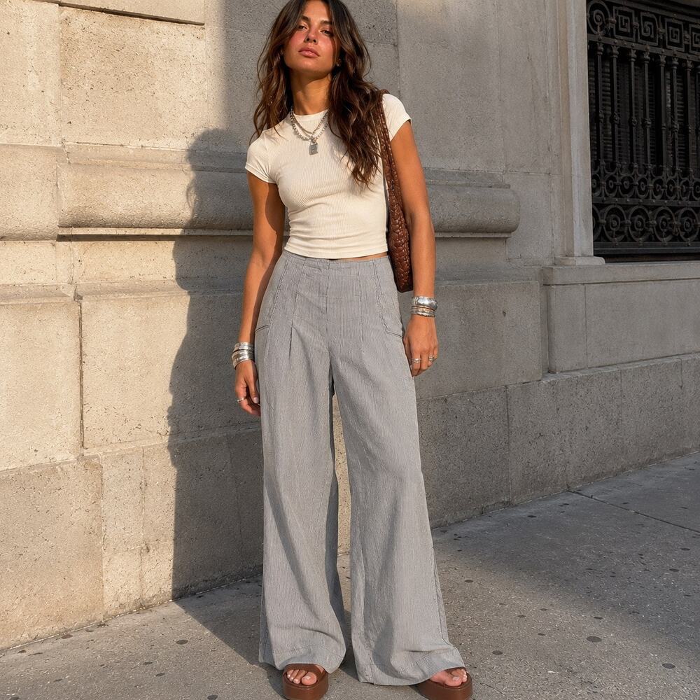 French Connection Y2K Pinstripe Sailor Wide Leg High Waist Pants Sz 2